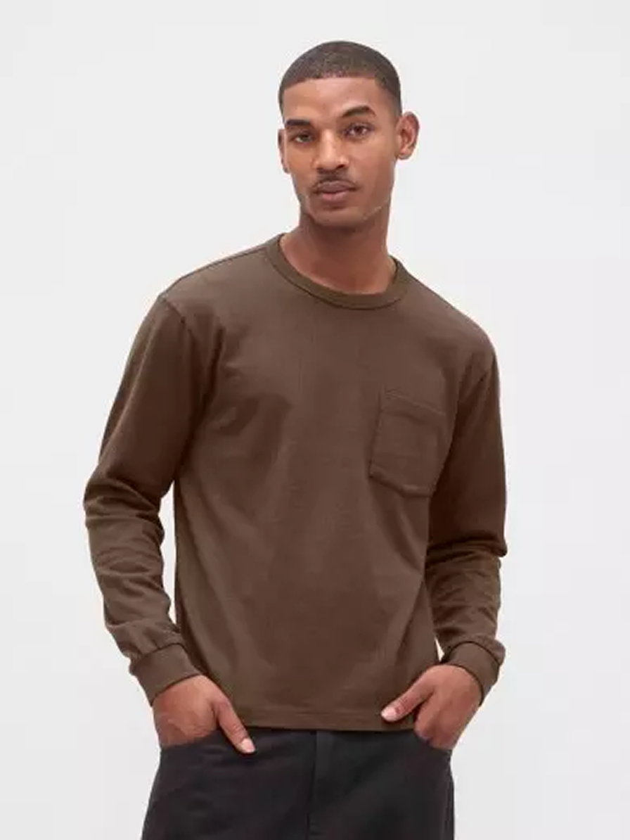 Brown Long Sleeve Pocket Tee